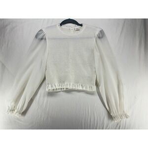 Wilfred Aritzia White Smocked Puff Sleeve Blouse Ruffle Trim Top Small